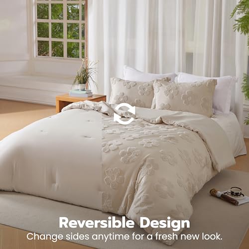 Joiedomi Tufted Twin Comforter Set, 2 Pieces Beige Boho Twin Bedding Set with 1 Boho Flower Comforter and 1 Pillow Sham, Bed in a Bag for All Seasons Joiedomi