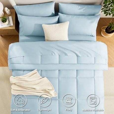 CozyLux Full Size Comforter Sets Light Blue, 7 Pieces Bed in a Bag, Blue Comforter Full Size, All Season Bedding Sets with Stitch Quilted Comforter, Flat Sheet, Fitted Sheet, Pillowcases CozyLux