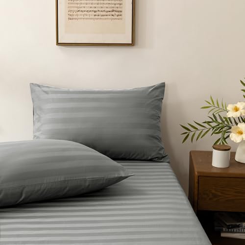 NookZuzu 3 Piece Cotton Stripe Fitted Sheet and Pillowcase Set,Including 1 Full Gray Fitted Sheet & 2 Pillowcase Set,Organic Cotton Deep Pocket Fitted Sheet，NO Flat Sheet Included,Soft and Cooling NookZuzu