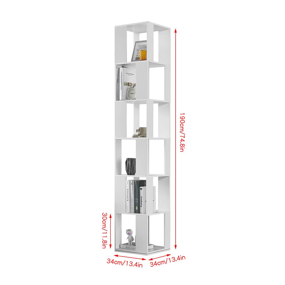 RVEE 360° Rotating White 6-Tier Corner Bookshelf for Home and Office - WoodArtSupply