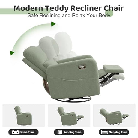 AEMEIOS Swivel Rocker Recliner, Oversized Manual Boucle Nursery Glider Rocking Recliner Chair with Removable Cushion, Upholstered Swivel Reclining Chair for Nursery Living Room Bedroom, Teddy Green AEMEIOS