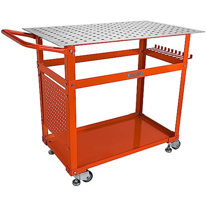 VEVOR Welding Table Moveable 36"x24", Welding Workbench Table 600lbs on Wheels, Portable Work Bench with Double-Layer Storage Board and 11 Hooks - WoodArtSupply