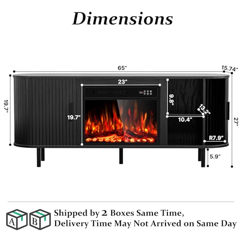 Kucreiheat 65" Fluted Fireplace TV Stand, Modern Entertainment Center for TVs Up to 75 inch, TV Console with Sliding Door, Curved Profile Design, Media Console for Living Room, Black Kucreiheat