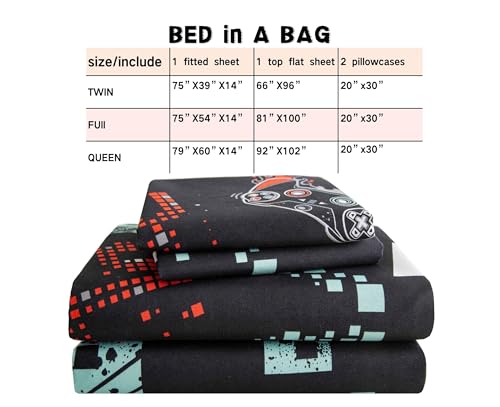 SDY 4PCS Game Sheet Sets Queen Size,Great Cartoon Microfiber Bed Sheets Sets,for Boys, Girls, Kids and Toddler, Bed in a Bag Packaged with 1 Fitted Sheet+ 1 Top Flat Sheet + 2 Pillowcases SDY