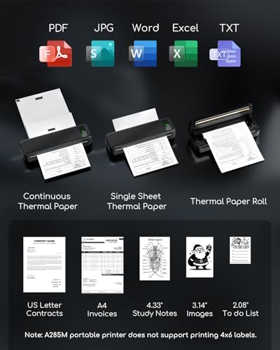 Portable Printers Wireless for Travel, A285M Small Inkless Thermal Printer, Bluetooth Mobile Printer Support 8.5" X 11" Letter & A4 Thermal Paper, Compatible with iPhone Laptop for Home Office Receipt TATTMUSE