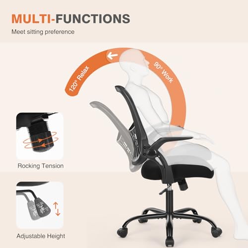 Sweetcrispy Office Computer Desk Chair, Ergonomic Mid-Back Mesh Rolling Work Swivel Task Chairs with Wheels, Comfortable Lumbar Support, Comfy Flip-up Arms for Home, Bedroom, Study, Student, Black Sweetcrispy