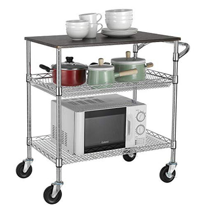 Finnhomy 3 Tier Heavy Duty Commercial Grade Utility Cart with Wood Top, Wire Rolling Cart with Handle Bar, Steel Service Cart with Wheels, Utility Shelf Food Storage Trolley, NSF Listed