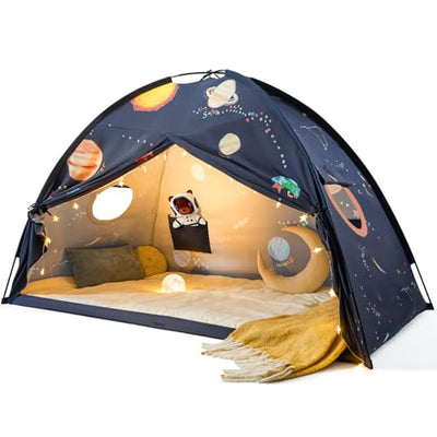 Tiny Land Space Galaxy Bed Tent for Kids – Sleep Bed Canopy with 9 Planets Design, Easy-to-Install Indoor Kids Play Tent, Imaginative Playhouse, Ideal Gift for Boys & Girls – 77" x 40" x 46"