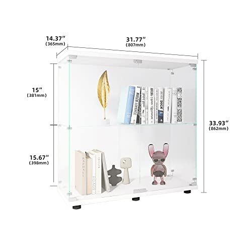 Modern Glass Curio Cabinet with Glass Doors - Stylish Display Case for Collectibles - Standing Cabinet with Glass Case for Elegant Showcase (2 Shelves with 2 Door, White) - WoodArtSupply