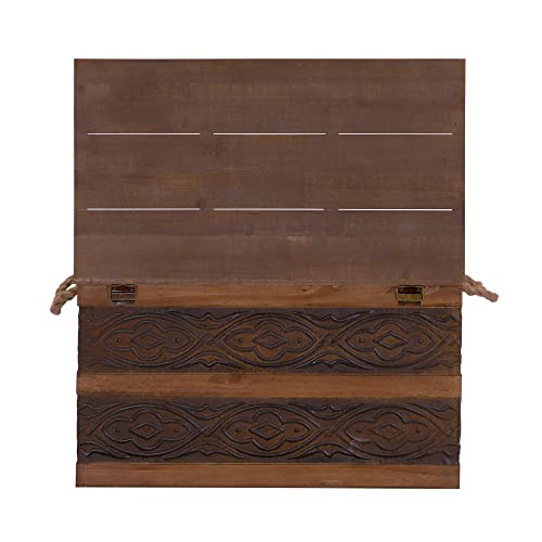 Household Essentials Decorative Trunk, Embossed Metal, Large, Chinese Fir Wood, Darkened Interior, Rope Handles, Flat and Fully Opening Lid, Handmade, Walnut and Almond Stain Household Essentials