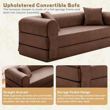 GJQ Convertible Sleeper Sofa Bed,78.5 Inch Faux Leather Futon Couch with Pillows & Storage Pocket,5-in-1 Folding Sofa Bed Queen with Pull Out Beds,Boneless Couches for Living Room,Couch in a Box,Brown GJQ