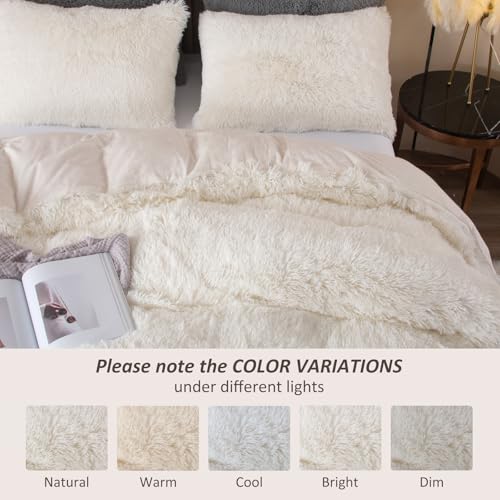 EMME Plush Shaggy White Duvet Cover Set Queen Size 3 Pieces Luxury Fuzzy Comforter Cover Set, Soft Faux Fur Fluffy Winter Bedding Set (White, Queen) EMME