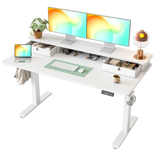TIQLAB Standing Desk with Two Drawers, Stand Up Standing Desk Adjustable Height, Electric Sit Stand Table with Storage Shelf and Splice Board, 55 * 24 inch, White TIQLAB