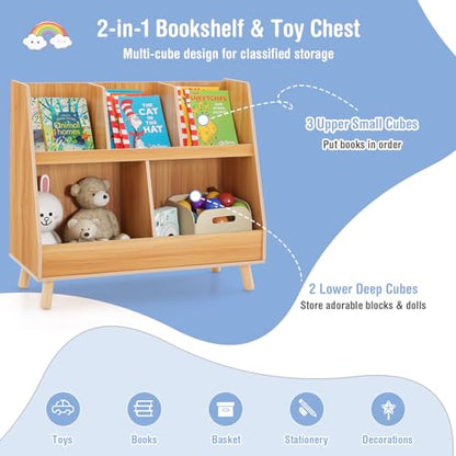 Costzon Toy Organizers and Storage with Bookshelf, 5 Cubbies Wooden Toy Cabinet and Montessori Bookcase with Solid Legs, Freestanding Display Toy Shelf for Kids Room, Playroom, Bedroom, Nursery