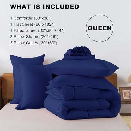 ELNIDO QUEEN® Queen Comforter Set Navy - 7 Pieces Bed in a Bag Queen Size, Bed Set All Seasons, Ultra Soft Dark Blue Bedding Sets with Comforter, Flat Sheet, Fitted Sheet, Pillowcases and Pillow Shams ELNIDO QUEEN