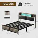 Full Size Bed Frame with LED Light and Charging Station, Full Size Platform Bed Frame with Strong Metal Slat Support, Upholstered Headboard, No Box Spring Needed, Noise-Free, Easy Assembly, Wash Grey IMMERSTABLE