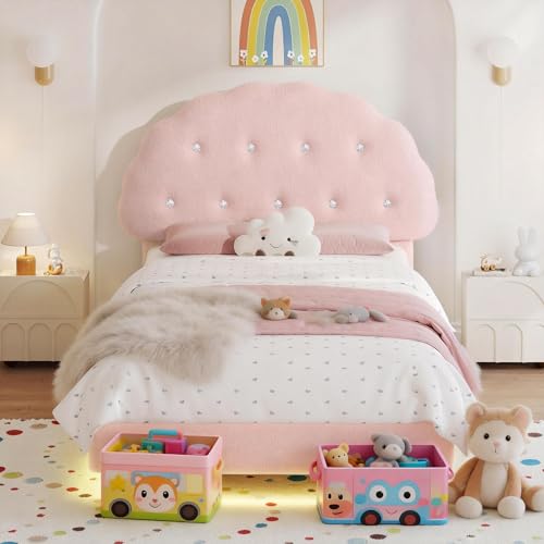 Lynxor Teddy Velvet Twin Size Bed Frame with LED Lights, Cookie Floating Platform Bed Frame, Adjustable Headboard and Elevated Footboard, Noise Free,Princess Room Upholstered Bed Frame, (Pink) Lynxor