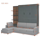 Merax Queen Murphy Bed with Sofa, Wood Folding Wall Bedframe with Soft Couch and Shelves, for Guest Room, Home Office or Small Bedroom, Grey Merax