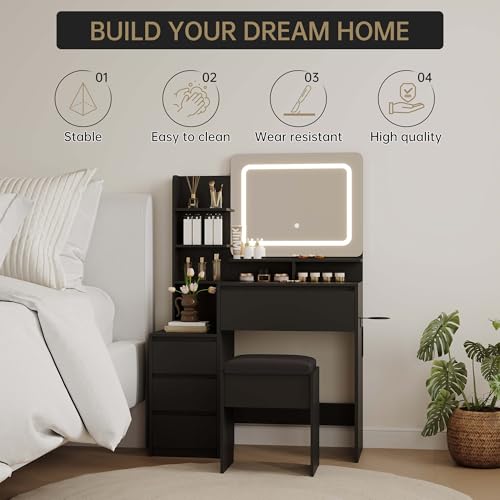 GarveeHome Vanity Desk with Mirror and Lights, Makeup Vanity with Power Outlet, 3 Color Adjustable Light, Dressing Table with 4 Drawers, Storage Shelves & Stool for Bedroom, Black GarveeHome