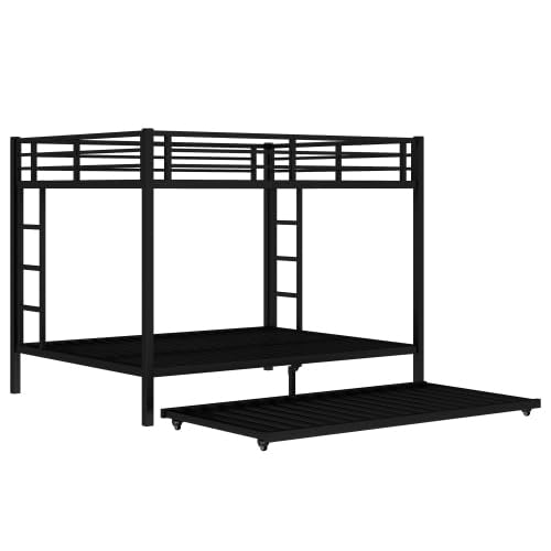 Metal Bunk Bed with Trundle Bed, Queen Over Queen Bunk Bed Frame with 2 Side Ladder and Thicker Legs, Black Bellemave