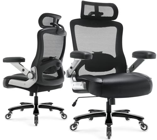 600lbs Big and Tall Office Chair- Heavy Duty Executive Computer Chair with 3D Flip Arms Large Wheels, Ergonomic Mesh High Back Desk Chair, Extra Wide Seat Adjustable Lumbar Support&Headrest Petheivun