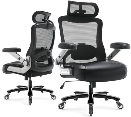 600lbs Big and Tall Office Chair- Heavy Duty Executive Computer Chair with 3D Flip Arms Large Wheels, Ergonomic Mesh High Back Desk Chair, Extra Wide Seat Adjustable Lumbar Support&Headrest Petheivun