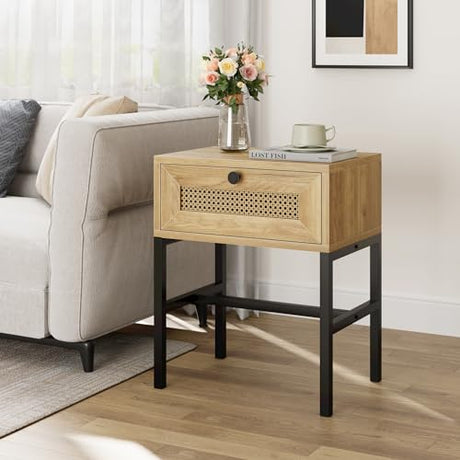 GAOMON Nightstand with Rattan Drawer, Rattan End Table with Metal Frame, Bed Side Table with Open Storage, for Bedroom, Living Room, Dormitory - GAOMON