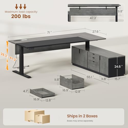 SEDETA Executive L Shaped Electric Standing Desk, 71" Height Adjustable Executive Desk with 3 Drawers and Cabinet, Sit Stand Up Home Office Desk with Power Outlets & Side Hook (Grey) SEDETA