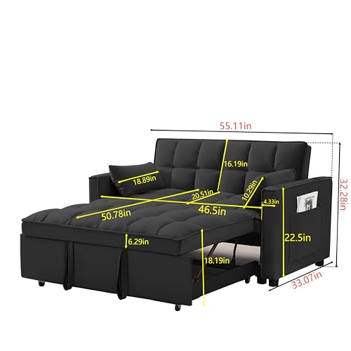 QKFF Convertible Sleeper Sofa Bed, 3 in 1 Modern Velvet Loveseat Futon Sofa Couch with Pullout Bed Reclining Backrest Toss Pillows Pockets for Living Room(Black) QKFF