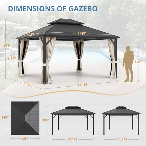LUE BONA 12x14 Hardtop Gazebo, Galvanized Steel Double Roof Permanent Gazebo Pavilion with Aluminum Frame, Outdoor Metal Gazebo Canopy with Nettings and Curtains for Deck, Patio, Backyard LUE BONA
