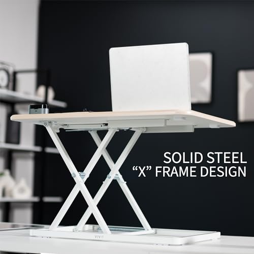 VIVO Ultra-Slim Single Top Height Adjustable Standing Desk Riser, Compact Sit Stand Desktop Converter for Monitor or Laptop, Light Wood, DESK-V001JF VIVO