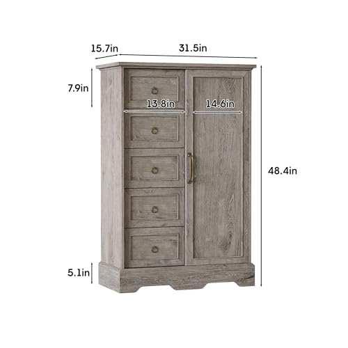 Vabches Farmhouse Dresser Storage Cabinet Chest of Drawer for Bedroom, 5 Drawer Dresser with Sliding Barn Door, 48" Tall Wood Rustic Dresser for Bedroom, Living Room, Entryway, Hallway, Washed Grey Vabches
