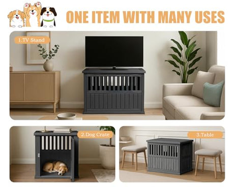 KFY 30 INCH Small Dog Crate Furniture Lockable Dog Kennel Indoor Dog Cage Plastic Pet Cage End Table for Small/Medium Dogs, Black KFY