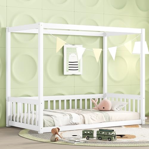 CITYLIGHT Twin Size Wood Canopy Bed with Fence Guardrails,4-Poster Canopy Floor Bed Frame,Low Profile Platform Beds for Kids Girls Boys,White