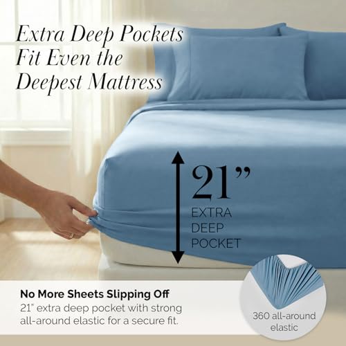Southshore Fine Living, Inc. 6 Piece, 21 Inch Extra Deep Pocket King Sheet Set, Pet Hair Resistant Bedding w/ 4 Pillow Cases, Blue King Sheets Deep Pocket Set, Easy Care, Coronet Blue Sheets Southshore Fine Living, Inc.