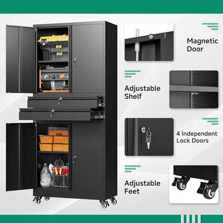 Letaya Metal Garage Storage Cabinet with Wheels,Rolling Tool Cabinet with 4 Door Lock-Adjustable Shelves and 2 Drawer for Garage Home Office Utility Room (Black with Wheels) Letaya