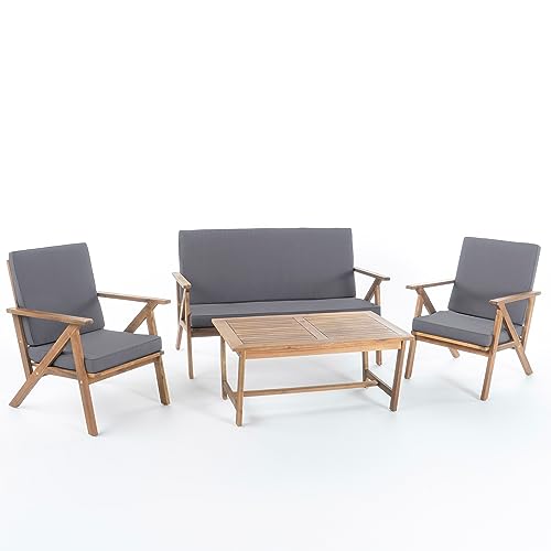Christopher Knight Home Panama Outdoor Acacia Wood Chat Set with Water Resistant Cushions, 4-Pcs Set, Teak Finish / Grey Christopher Knight Home