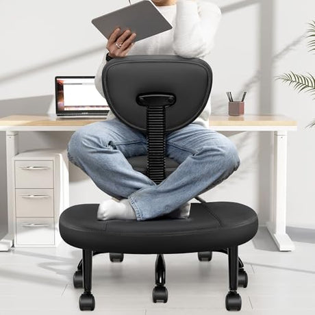 Primy Criss Cross Office Chair - ADHD Cross Legged Chair with Wheels - Adjustable Height Ergonomic Kneeling Desk Chairs for Meditation Yoga Home Office with Backrest, 360°Rotating Footrest - Black Primy