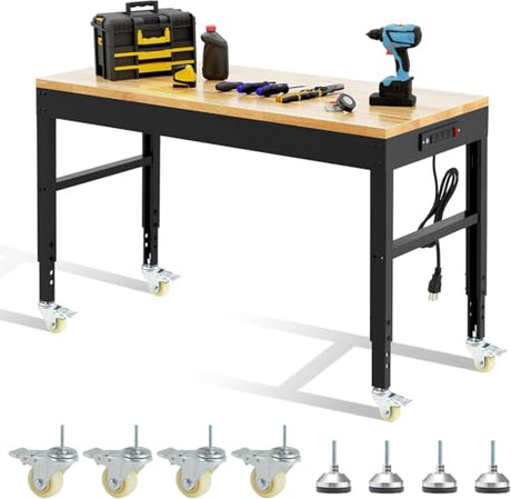 48" Heavy Duty Workbench, Solid Wood Working Bench Adjustable Height Rolling Work Tables with Power Outlets for Home Office, 1800 Lbs Capacity (Metal Wheels丨Rubber Pad丨48 x24 丨Socket) Hombanyan