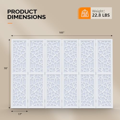 VINGLI 70'' H Room Divider, Non-Woven Fabric Privacy Screen, Indoor Partition Wall Dividers, Freestanding Hinged Space Separator with Modern Unique Pattern (White, 6 Panel) VINGLI