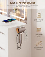 LIVELYGLOW Makeup Vanity Desk Set, White, 35.4“W x 15.7" D x 53.9" H (Large Smart LED Mirror, with Cushion Stool, Hairdryer Rack, Power-Outlet, 4 Drawers) LIVELYGLOW