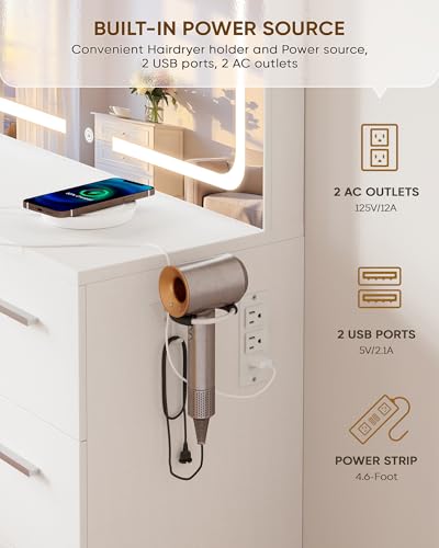 LIVELYGLOW Makeup Vanity Desk Set, White, 35.4“W x 15.7" D x 53.9" H (Large Smart LED Mirror, with Cushion Stool, Hairdryer Rack, Power-Outlet, 4 Drawers) LIVELYGLOW