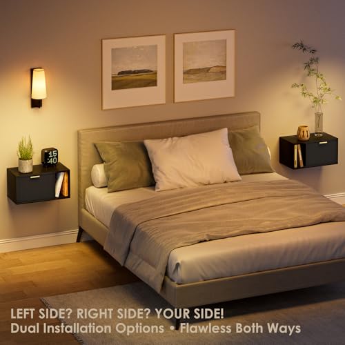 Masupu Floating Nightstand, Wall Mounted Floating Bedside Table with Storage Drawer and Open Shelf, Modern Bedroom Nightstand, 19.3" x 11.4" x 10", Black Masupu