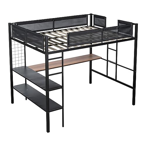 Adigyco Sturdy Metal Loft Bed with Built-in Desk, Shelves & Textilene Guardrails - Black - WoodArtSupply