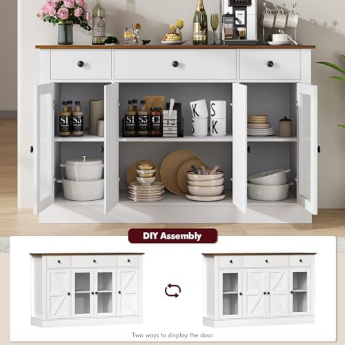 4 EVER WINNER Buffet Cabinet with 4 Doors and 3 Drawers, 55" Kitchen Buffet Storage Cabinet with Adjustable Shelves, Modern Coffee Bar Cabinet for Kitchen, Dinning Living Room, Entryway, Whit - WoodArtSupply