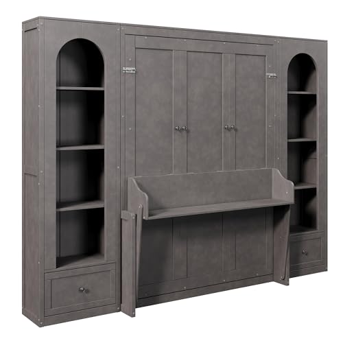MERITLINE Queen Size Murphy Bed with 2 Side Cabinets, 2 Drawers and LED Lights, Solid Wood Folding Murphy Wall Bed with Desk, Grey MERITLINE