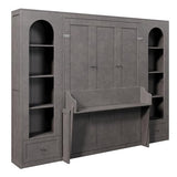 MERITLINE Queen Size Murphy Bed with 2 Side Cabinets, 2 Drawers and LED Lights, Solid Wood Folding Murphy Wall Bed with Desk, Grey MERITLINE