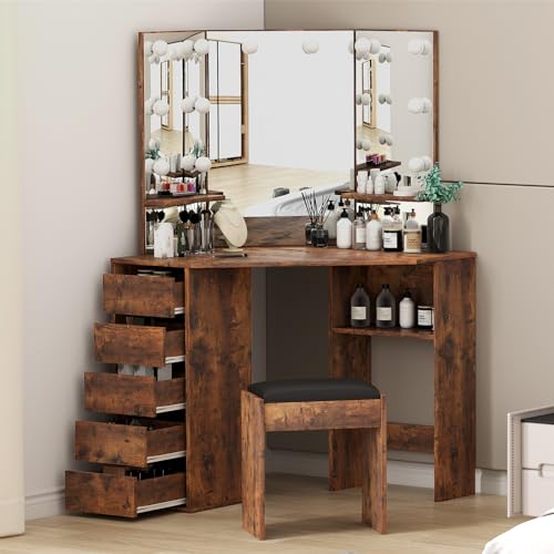 Garvee Corner Vanity Desk and Bench, Makeup Vanity Table with 3-Folding Lighted Mirrors, Charging Station, 5 Drawers for Bedroom Garvee
