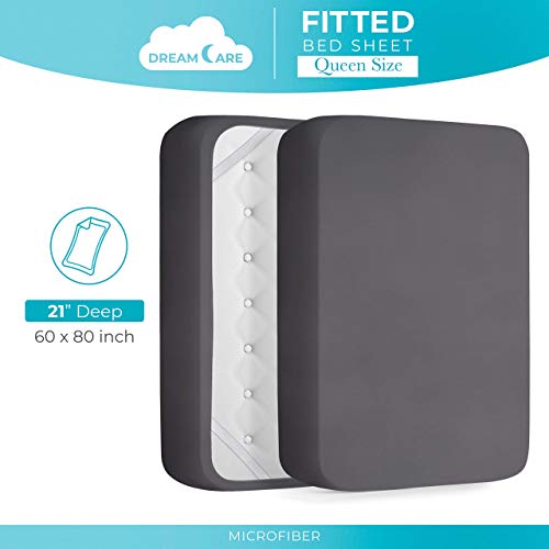 DREAMCARE Queen Fitted Sheet - Extra Deep Pocket Fitted Sheet - Fits up to 21 inch Mattress - Deep Pocket Queen Sheets - Hotel Luxury - Oeko-Tex Certified Sheets - 1 Fitted Sheet Only (Grey, Queen) DREAMCARE