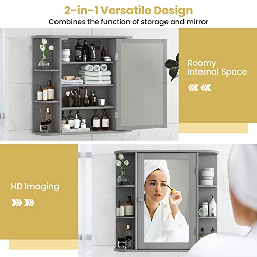 Tangkula Bathroom Medicine Cabinet with Mirror, Wall Mounted Home Storage with Door & 6 Open Shelves, Adjustable Shelves, Mirrored Bathroom Wall Cabinet (Gray) Tangkula